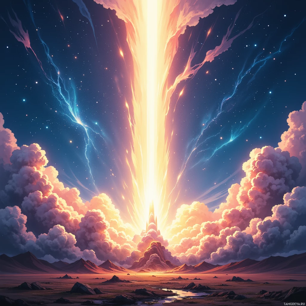 A vibrant sky with streaks of light and clouds over a rugged landscape.