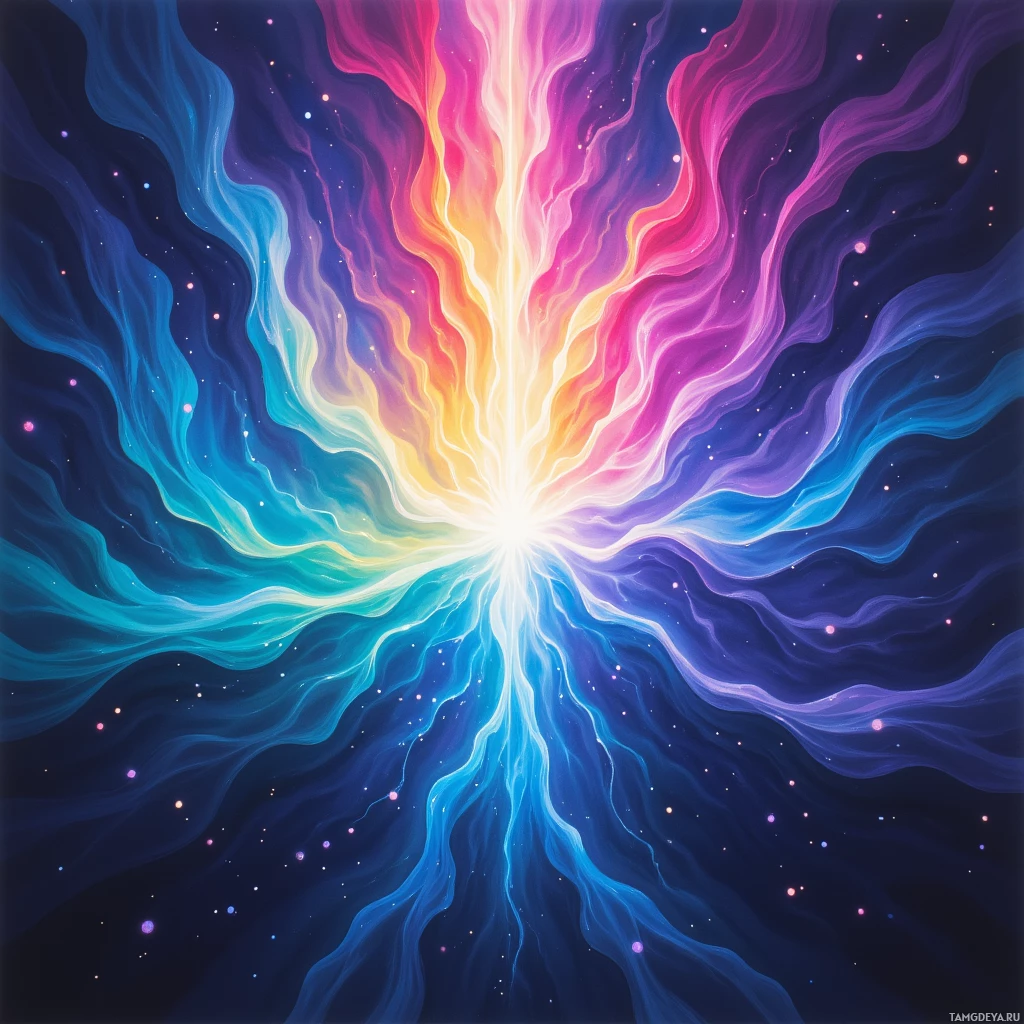 A vibrant cosmic explosion with radiating colorful waves and scattered stars against a dark background.