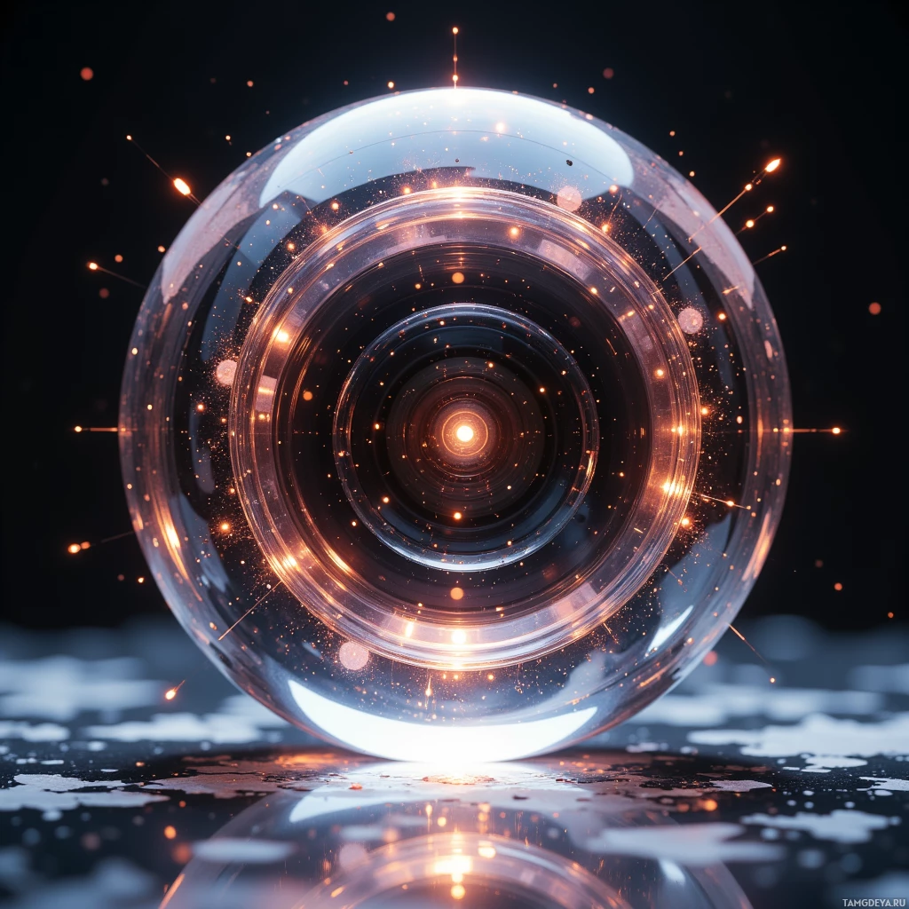 A glowing, transparent sphere with concentric rings and sparks against a dark background.