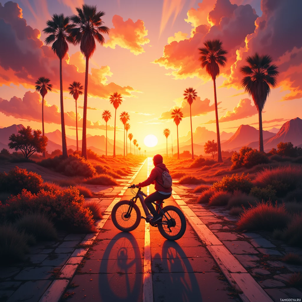 A person rides a bicycle down a paved path lined with palm trees under a vibrant sunset sky.