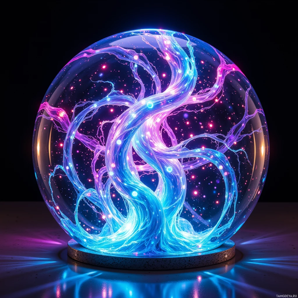 A glowing, abstract sculpture with swirling blue and purple lights inside a transparent sphere.