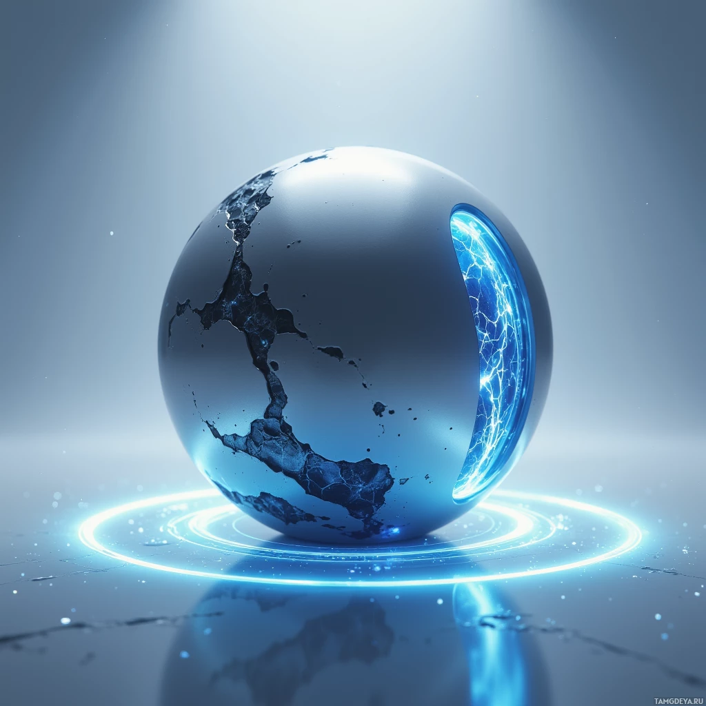 A glowing blue sphere with intricate patterns and a bright aura around it.