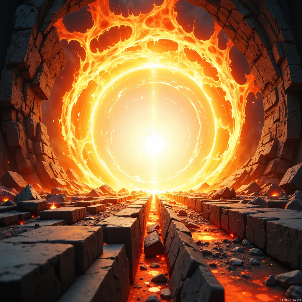 A fiery, glowing portal with a stone pathway leading towards it.