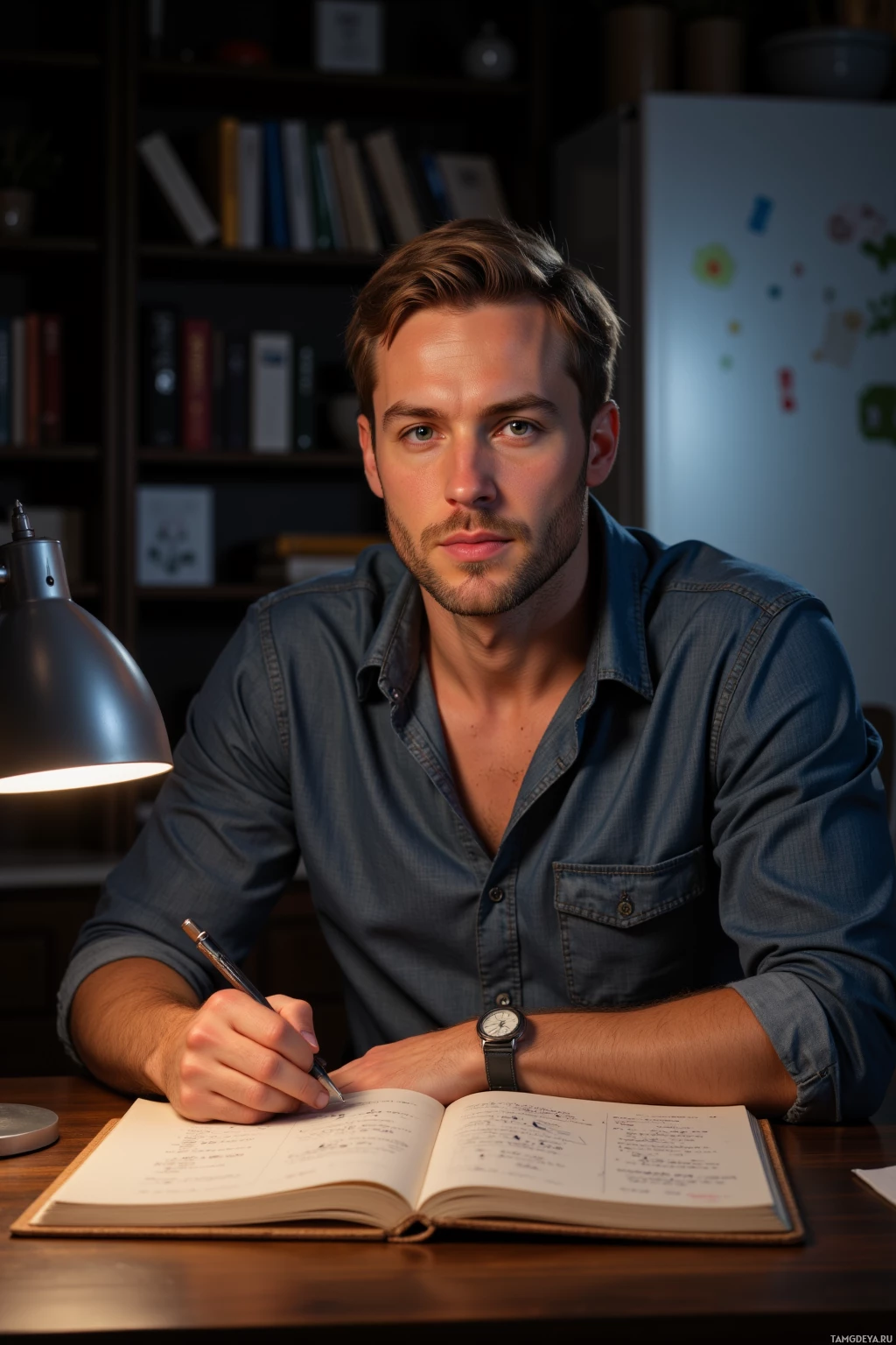 A man sits at a desk, writing in a notebook with a pen.