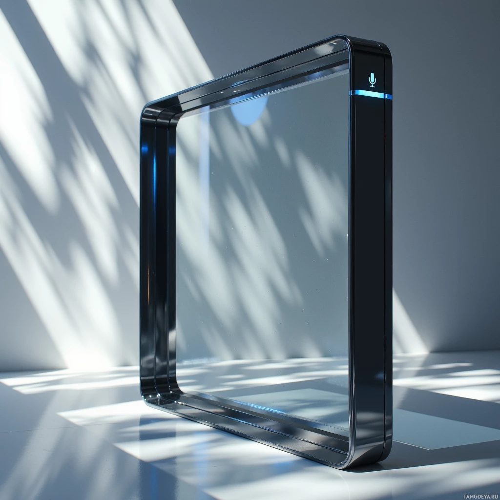 A sleek, modern device with a reflective surface and a microphone icon is illuminated by sunlight streaming through a window.