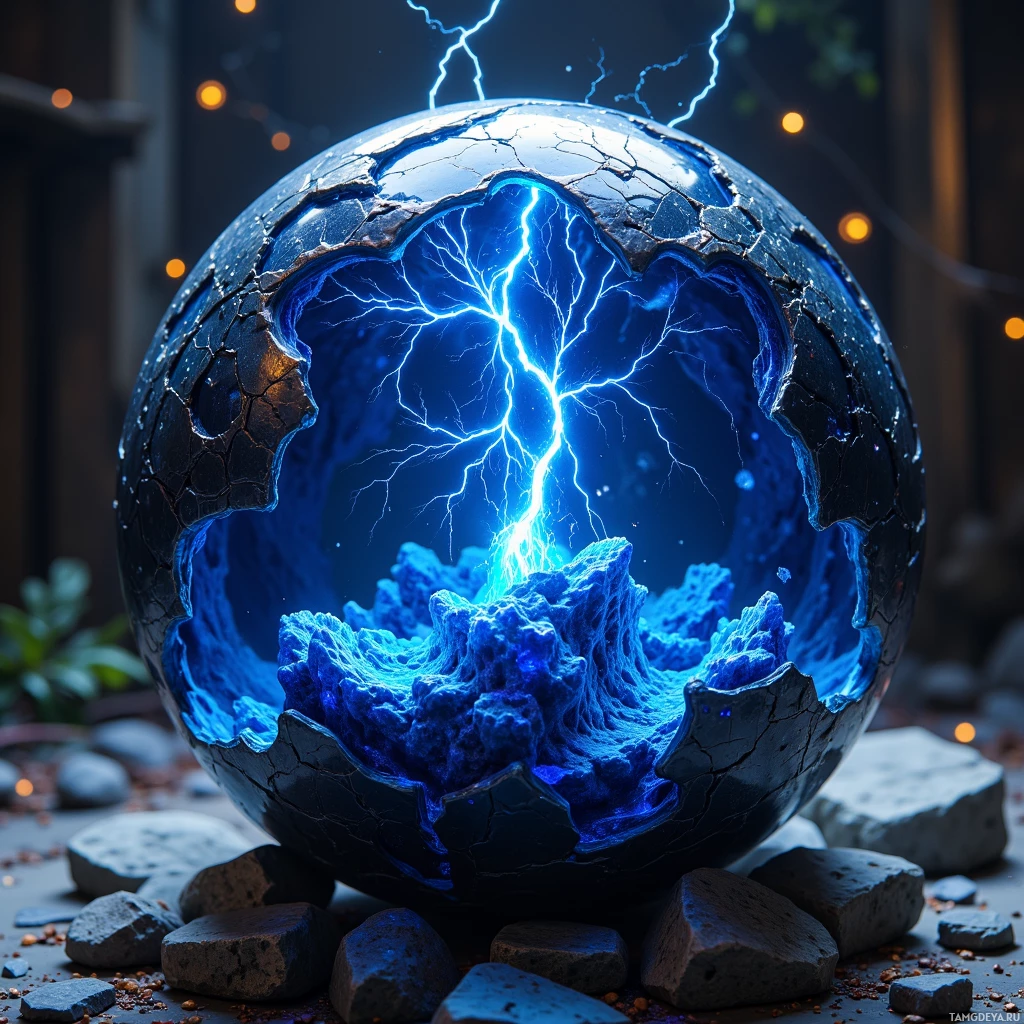 A cracked sphere with glowing blue lightning and rocky terrain inside is surrounded by scattered rocks on a dark surface.