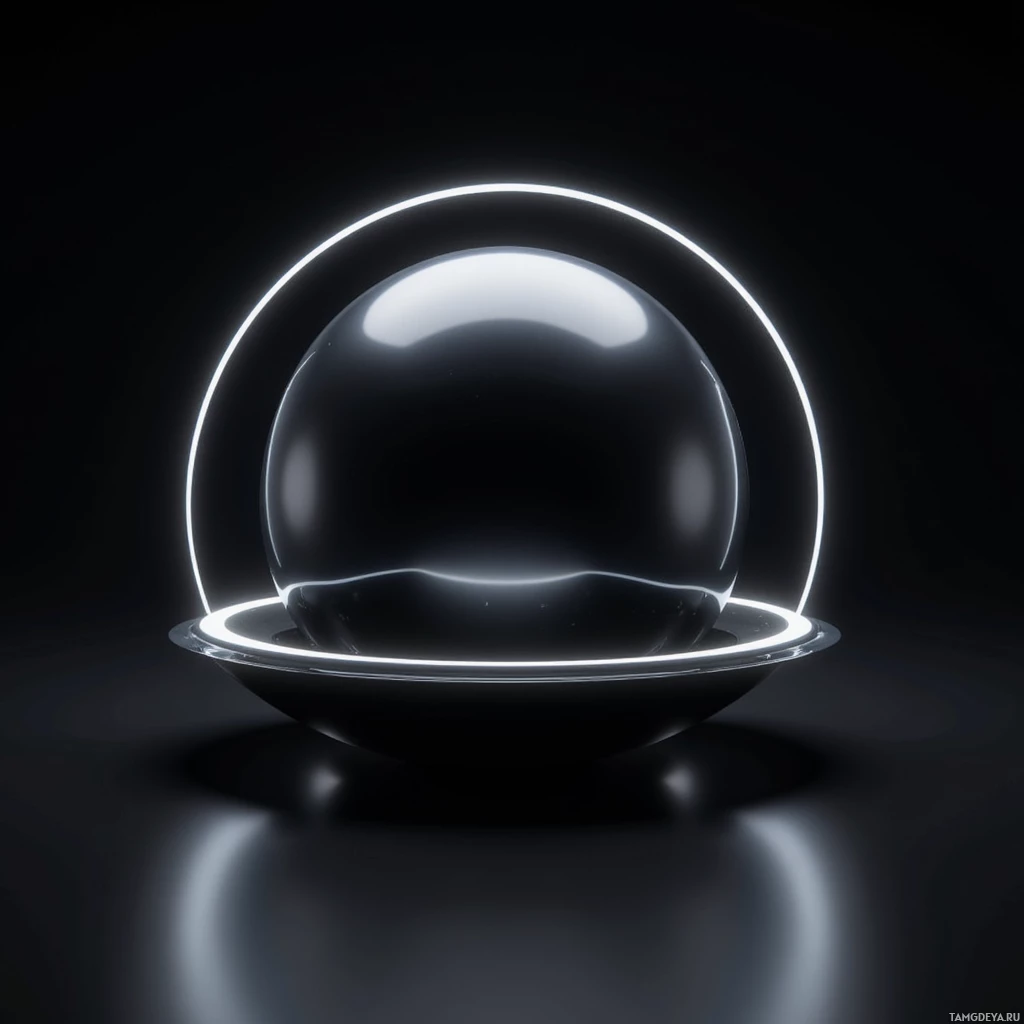A glowing white ring encircles a reflective black sphere on a dark surface.