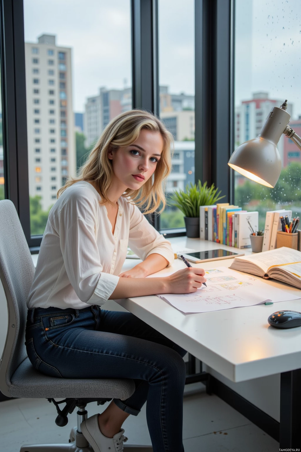 Realistic high quality photo. 26‑year‑old woman with curly blonde hair and blue eyes wearing a loose white blouse, dark fitted jeans, and simple white sneakers sits at an open office desk by a large window, rain tapping against the glass as she sketches design notes on paper in late evening light.
