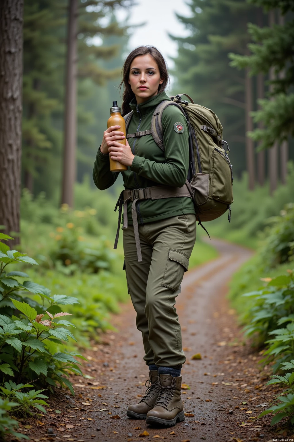 Realistic high quality photo. Morning on a cedar trail, a 27‑year‑old woman with braided black hair, brown eyes, fair skin, wearing green outdoor gear and hiking boots, holds a bamboo water bottle, checks her heavy reusable gear backpack, pointing forward on a lush green path with dew on bark, exuding calm determination.