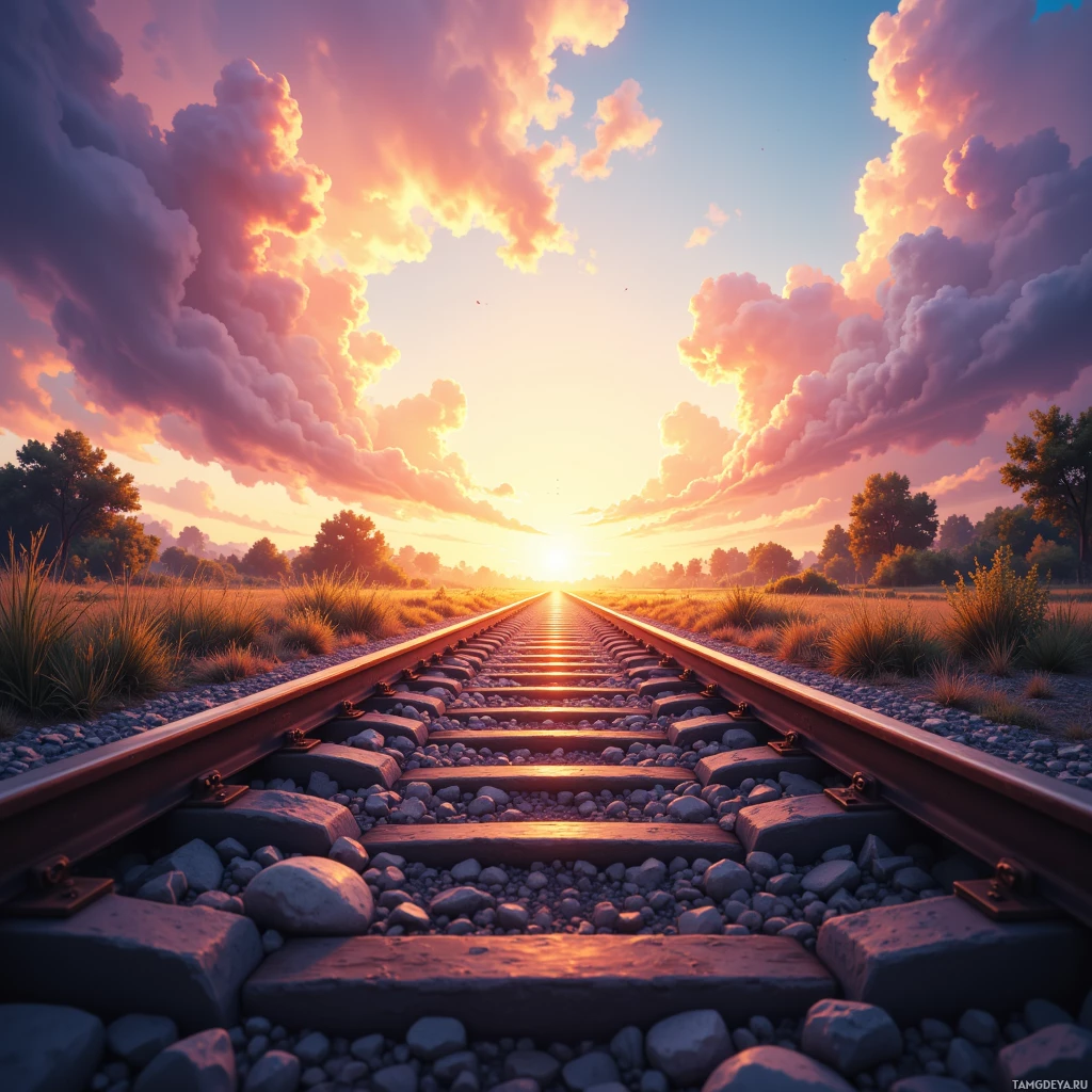 A serene railway track stretches into the distance under a vibrant sunset sky.