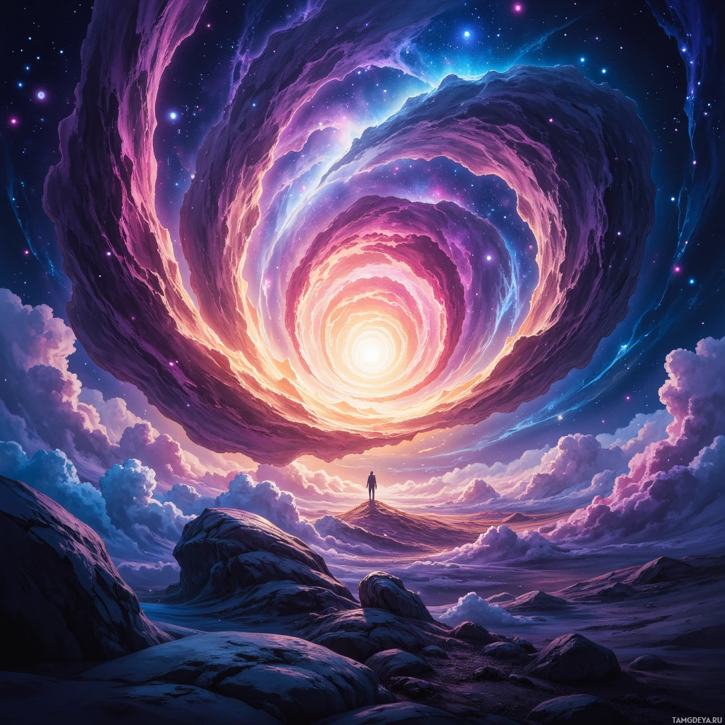A person stands on a rocky landscape beneath a swirling, cosmic sky.