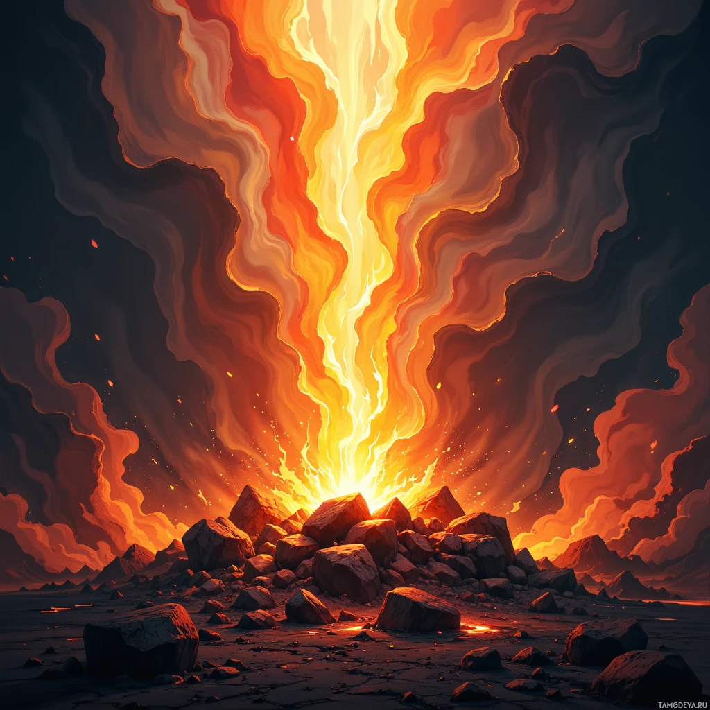 A fiery eruption with molten lava and glowing embers against a dark sky.