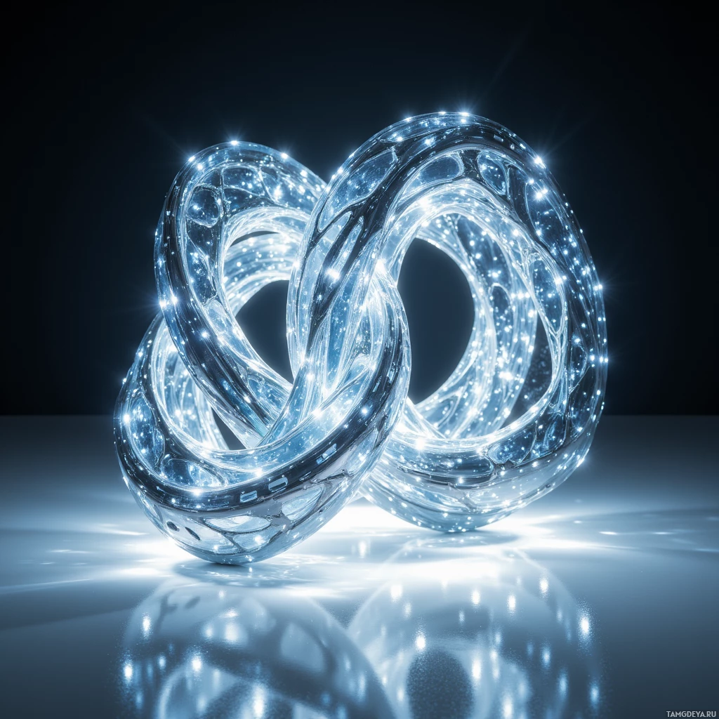 A glowing, intertwined ring sculpture with a reflective surface.