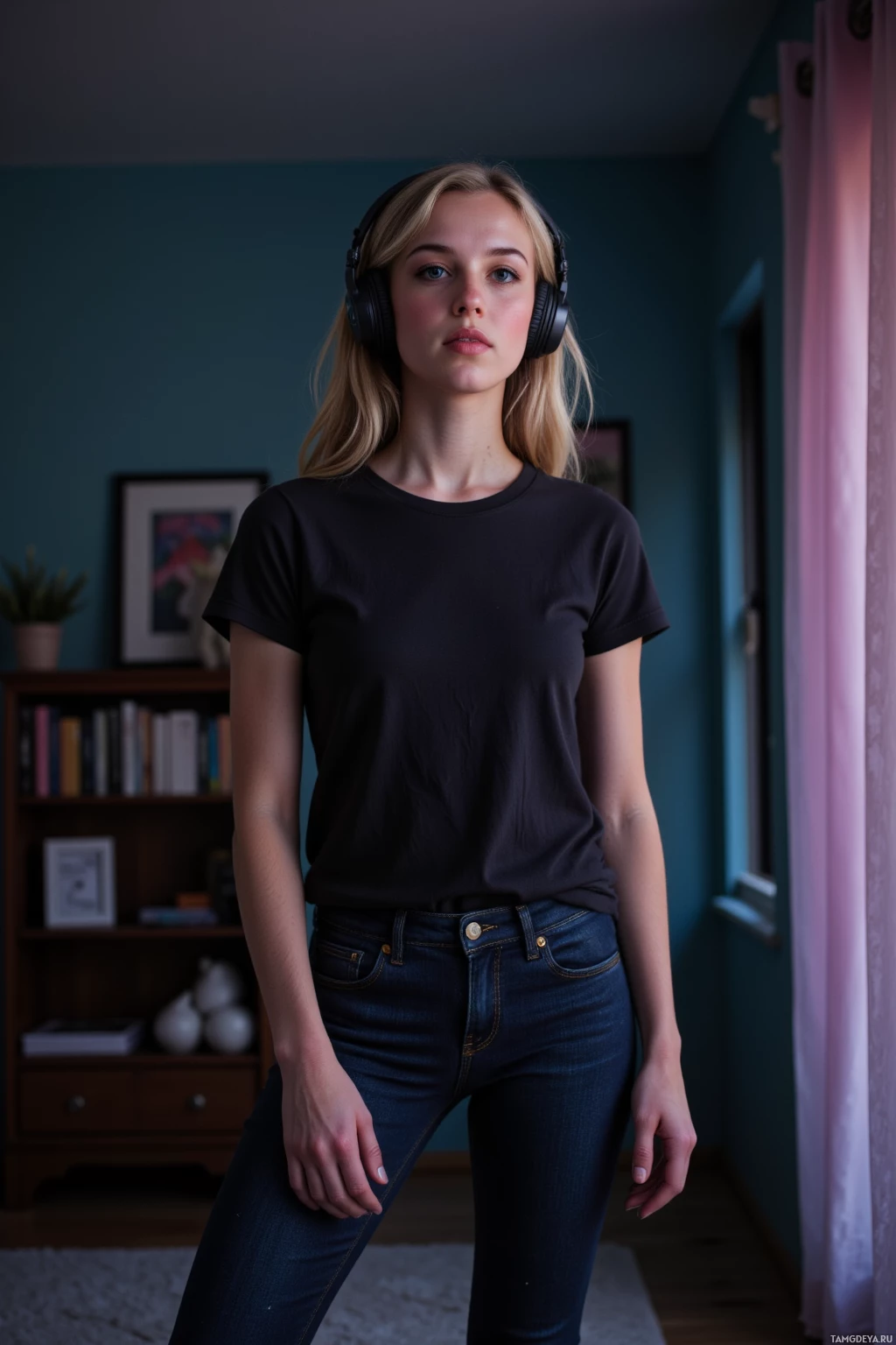 A person wearing a black t-shirt and jeans stands indoors with headphones on.