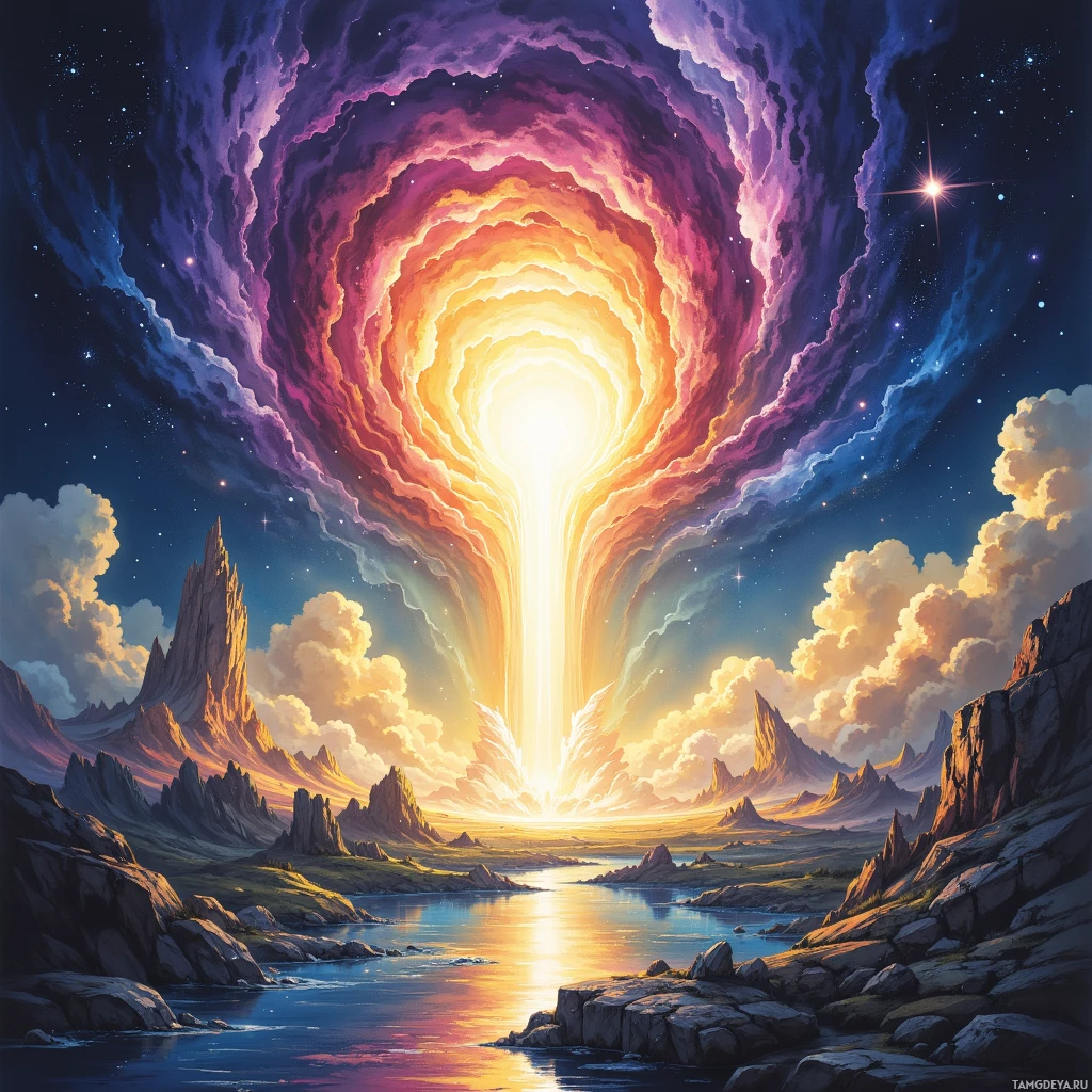 A vibrant, fantastical landscape featuring a glowing portal in the sky and rugged terrain below.