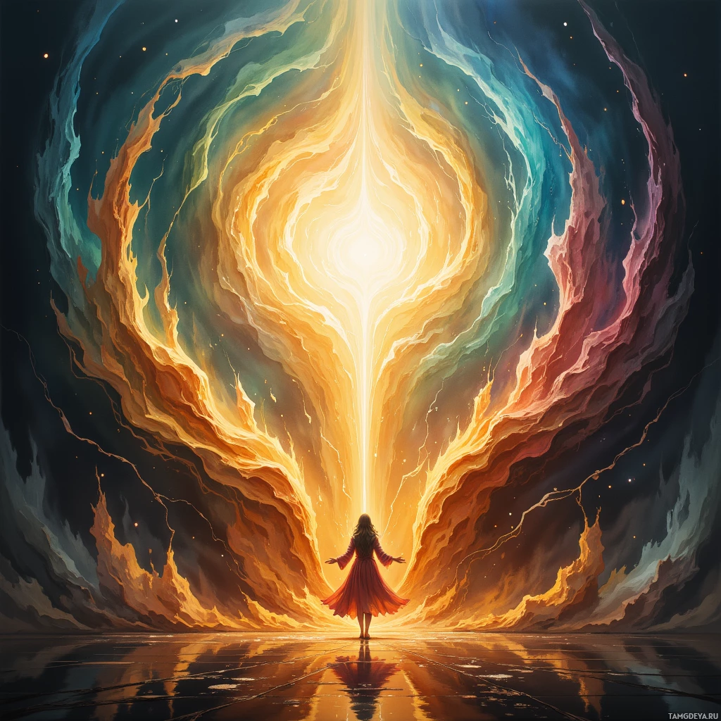 A person stands with arms outstretched in front of a radiant, colorful portal in space.