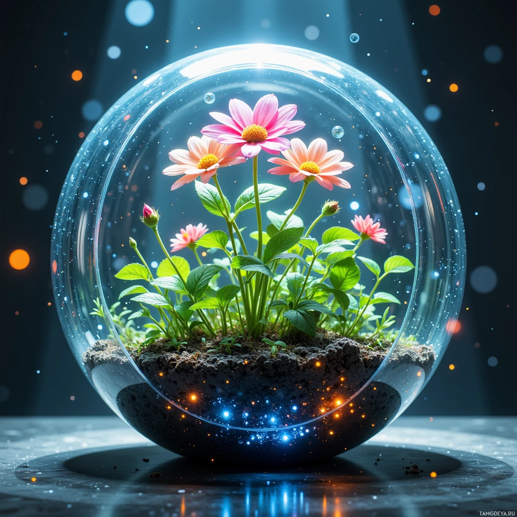 A glass terrarium with vibrant pink and orange flowers and lush green leaves.