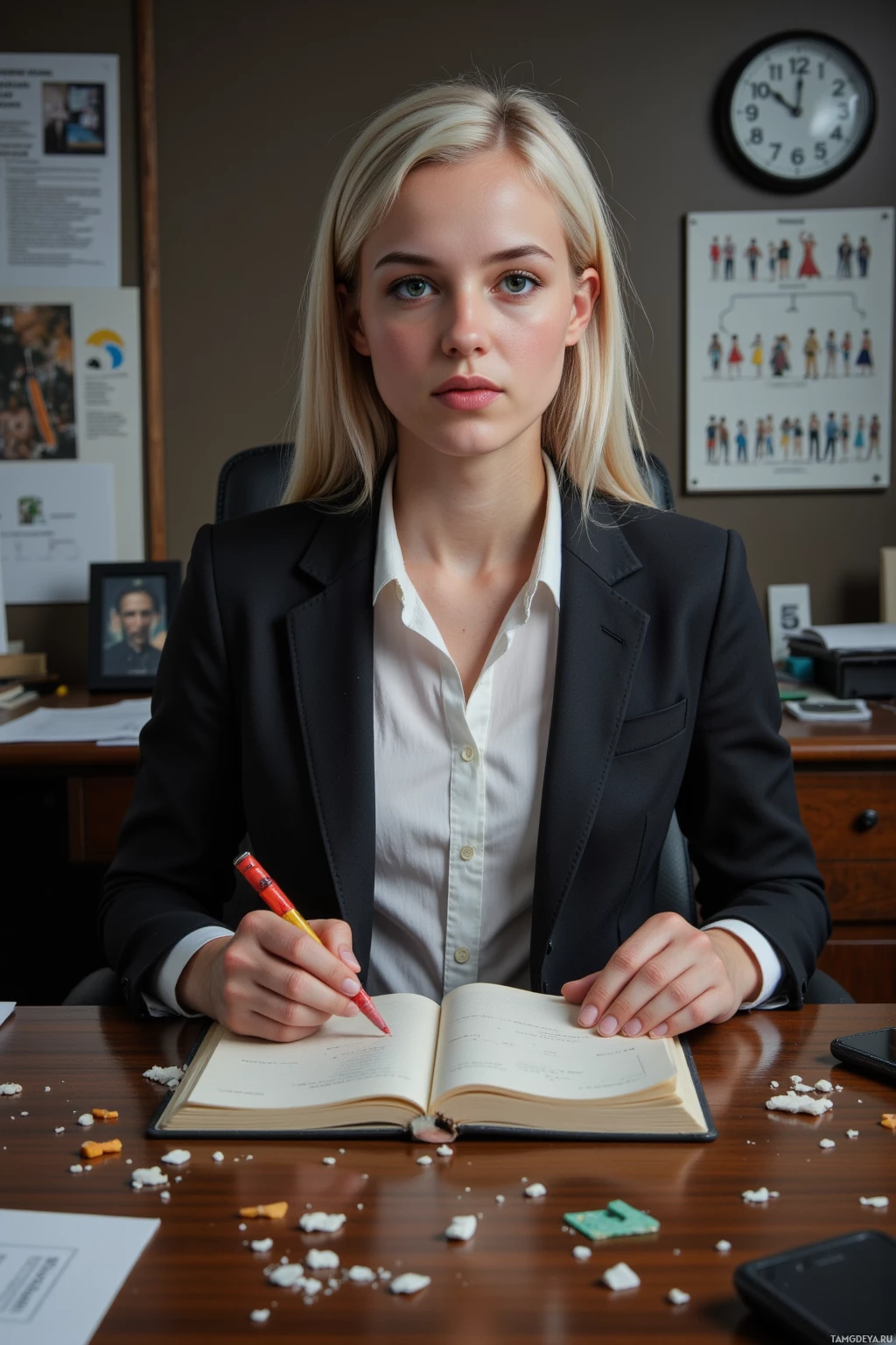A person in a professional setting is writing in a notebook with a red pen.
