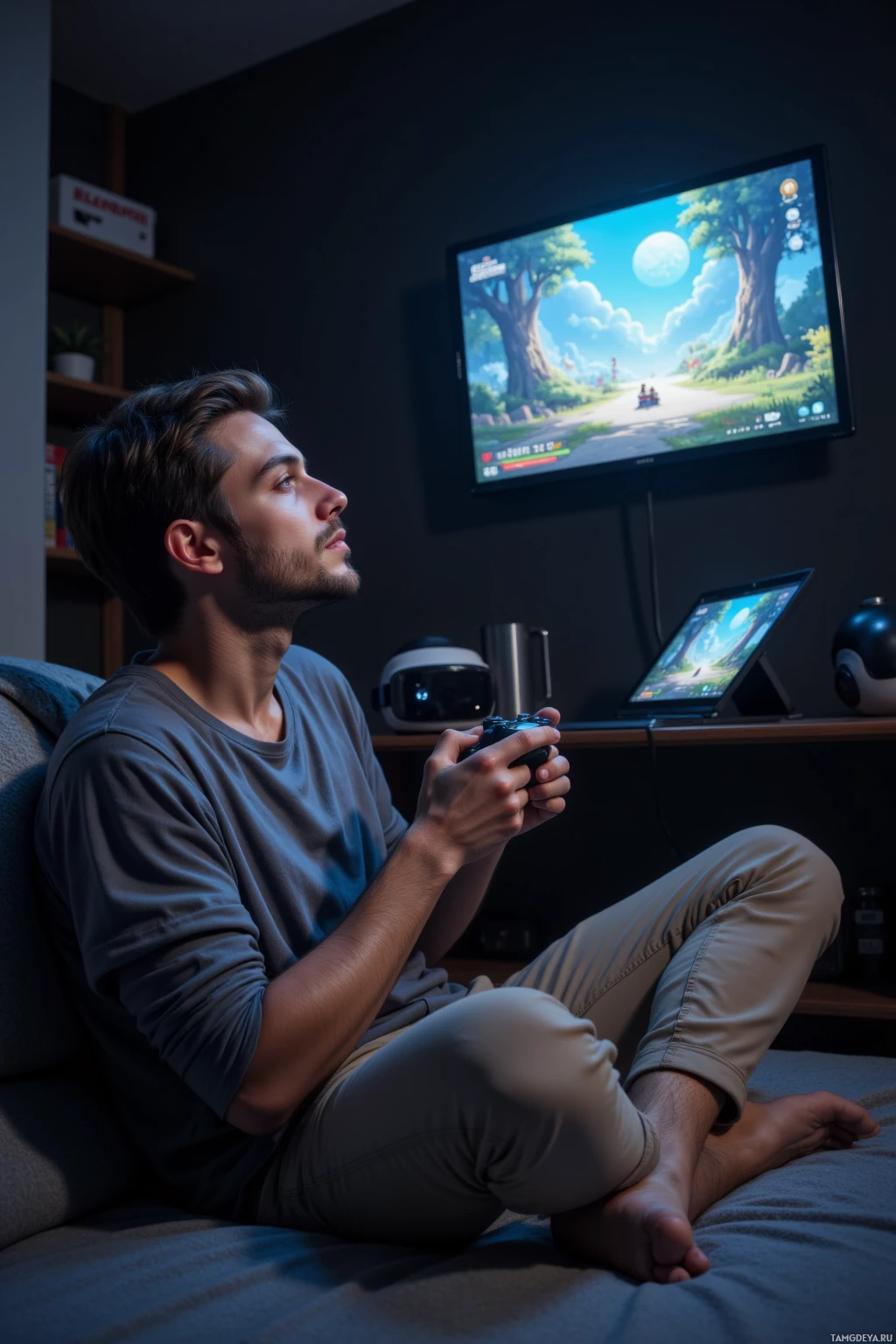 Realistic high quality photo. A relaxed 25‑year‑old man with short dark brown hair and clear blue eyes wearing a loose gray shirt and beige pants, seated in his dimly lit bedroom at night, holding a gaming controller while a floating tablet screen hovers beside him as he breathes slowly into an indie game, with a VR headset resting on the table and a snack stash in the corner.