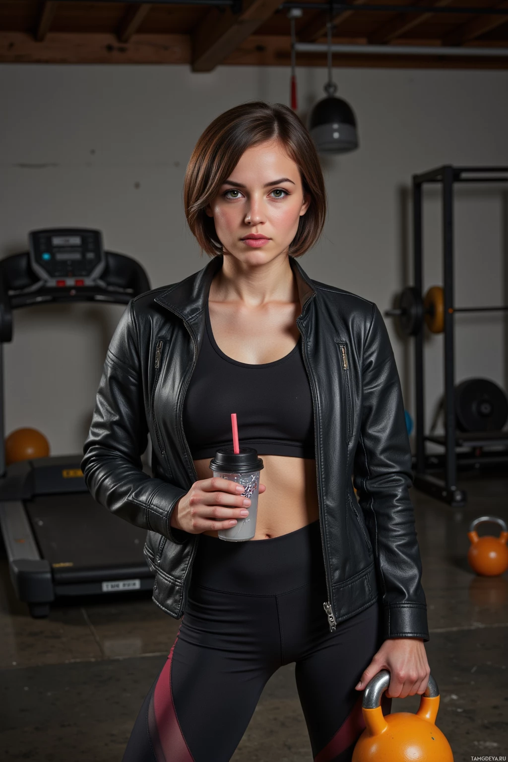 A woman in a gym setting holds a drink and a kettlebell.