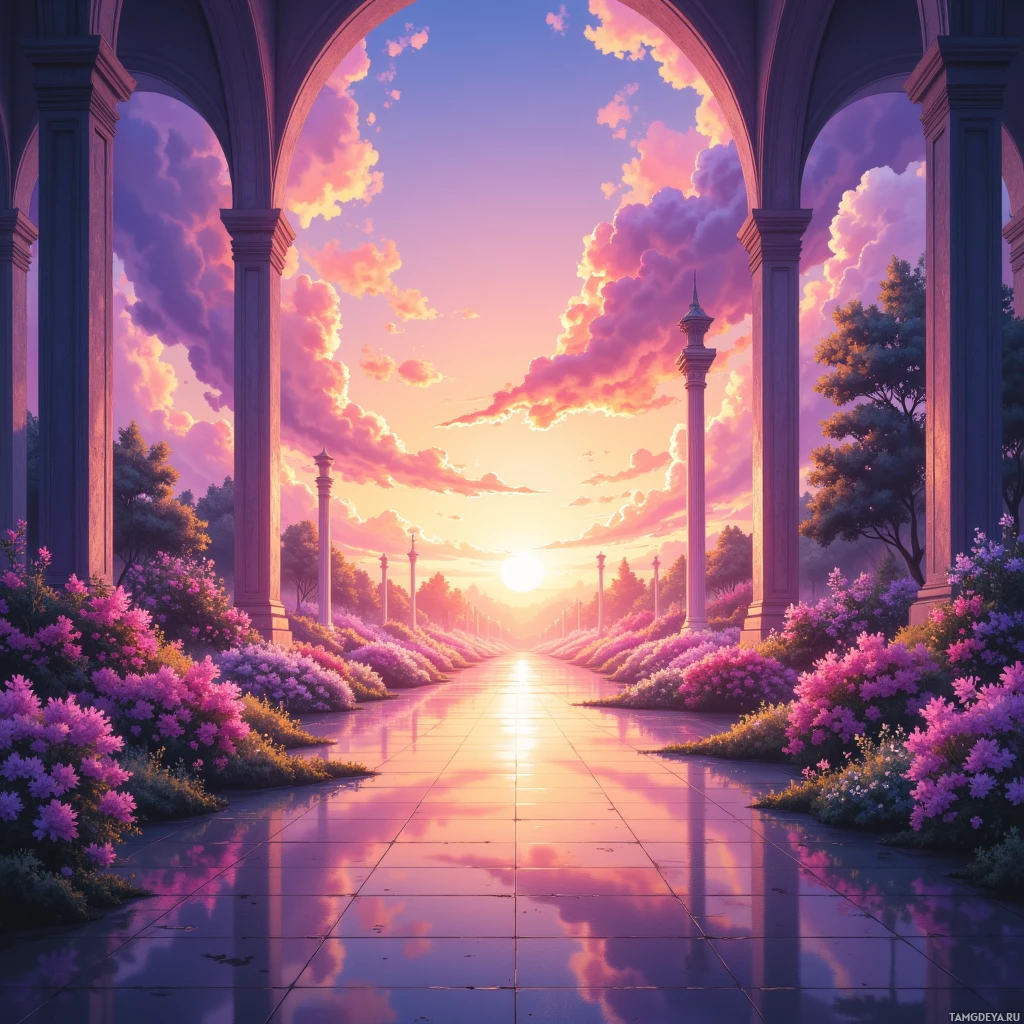 A serene pathway lined with columns and vibrant flowers leads towards a glowing sunset.