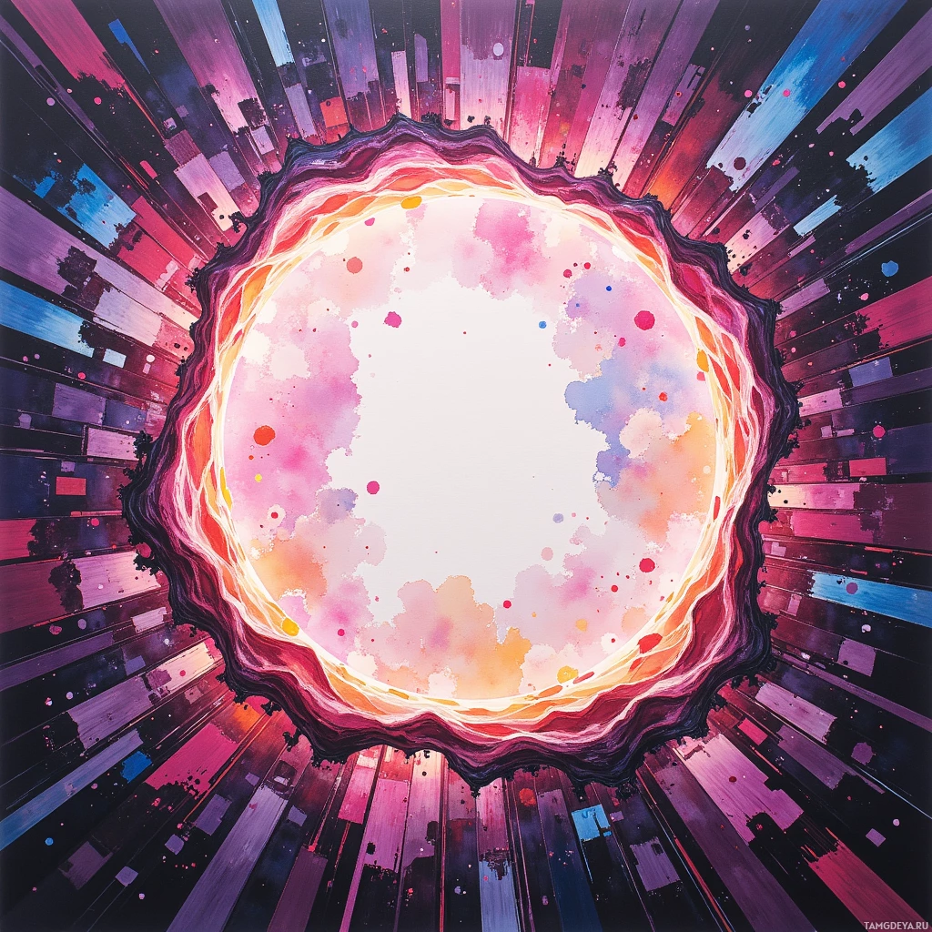 A vibrant abstract artwork featuring a central burst of light with colorful splashes and radiating geometric patterns in shades of pink, purple, blue, and orange.