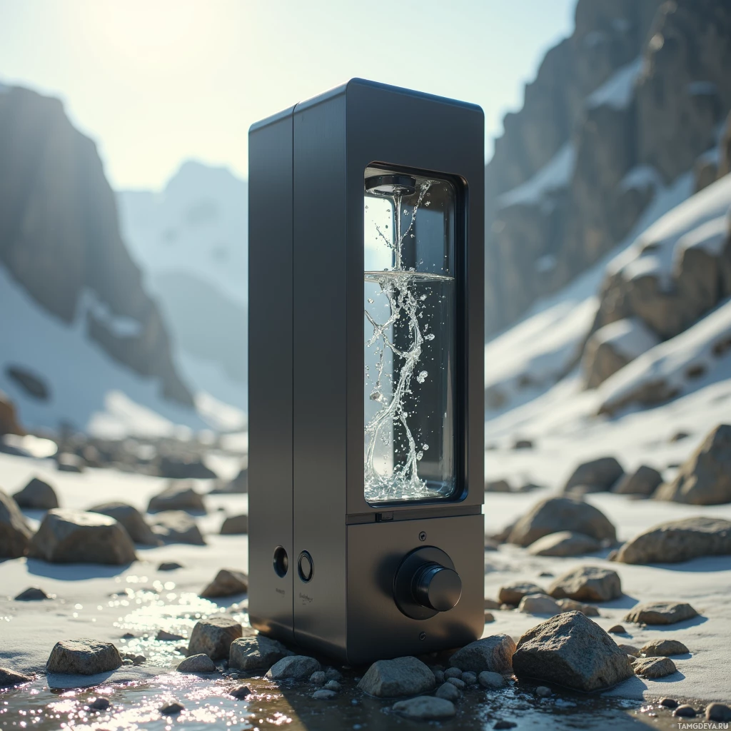 A sleek, modern device with a water feature stands on a rocky, snowy landscape.