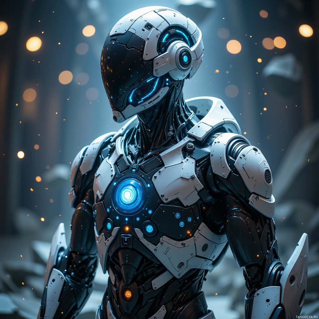 A futuristic robot with glowing blue lights and intricate mechanical details.