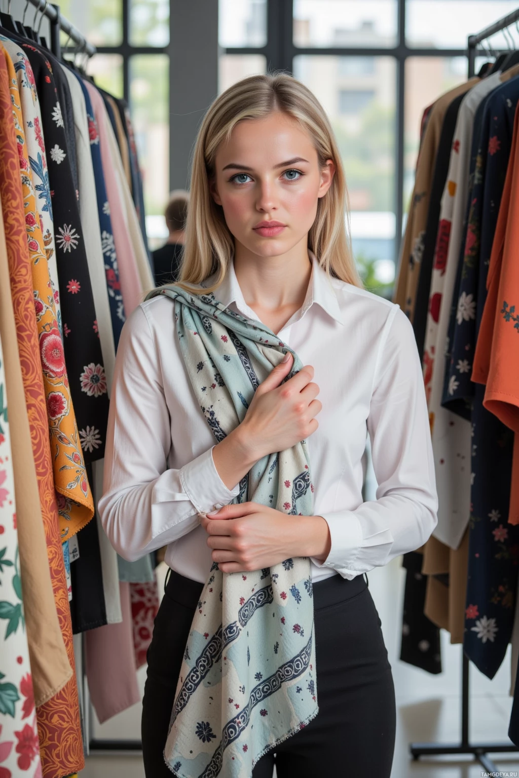 A woman stands in a clothing store, wearing a white shirt and a patterned scarf.