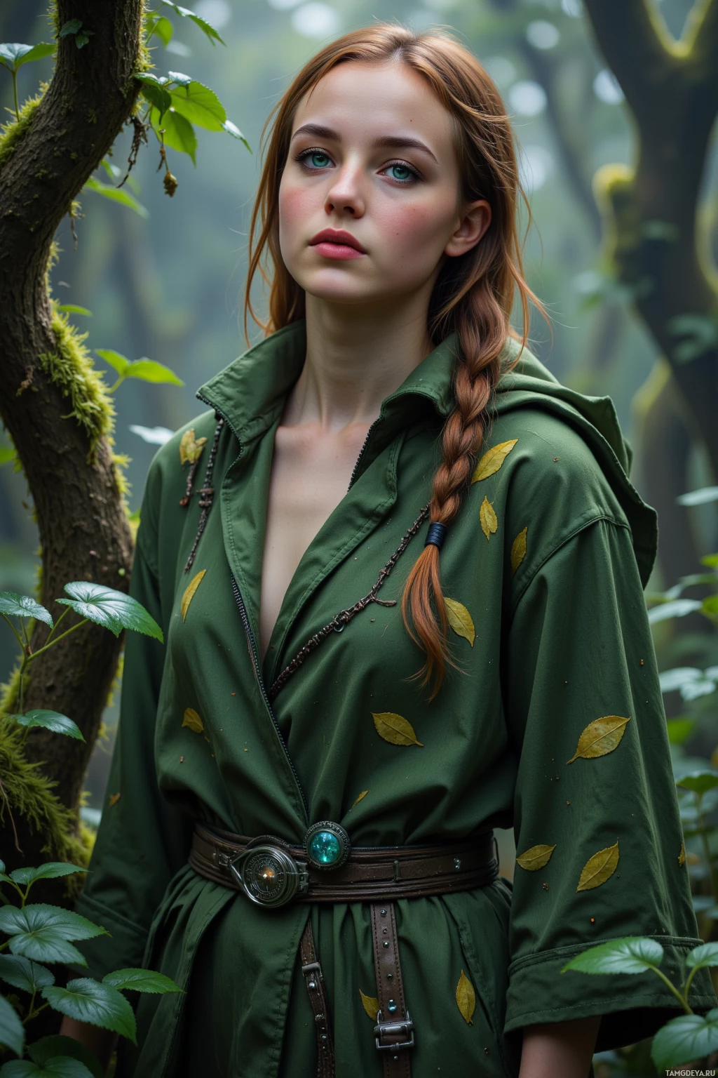 A person in a green outfit with leaf patterns stands in a forest setting.