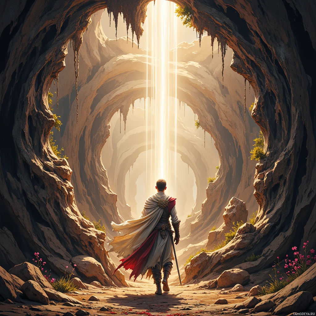 A person in armor walks through a cave towards bright light at its end.