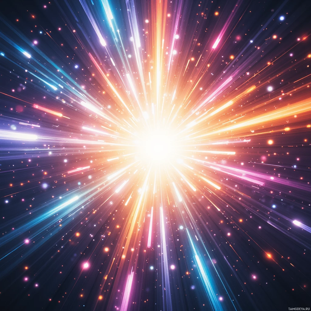 A vibrant cosmic scene with radiating light beams and scattered stars.