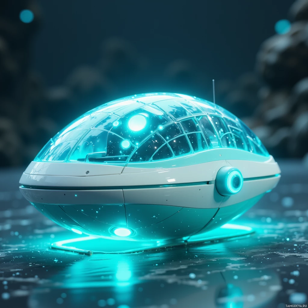 A futuristic, glowing blue pod with a dome-shaped top and sleek design is shown against a dark background.