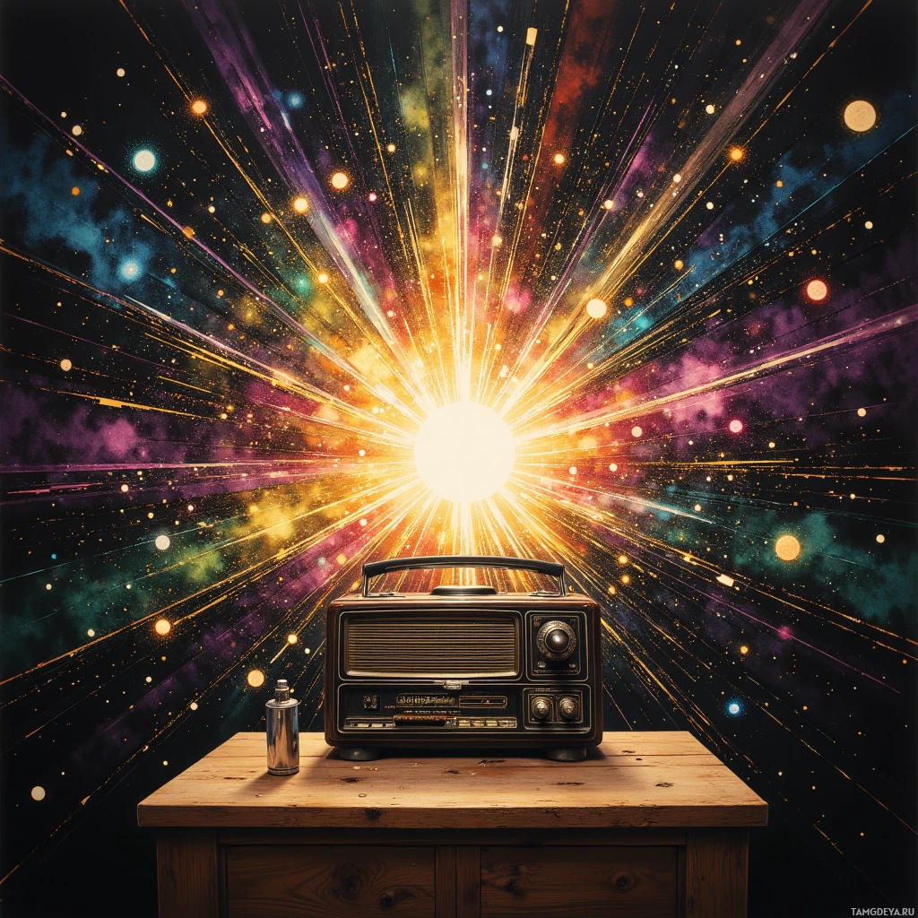 A vintage radio sits on a wooden table against a cosmic, starburst background.