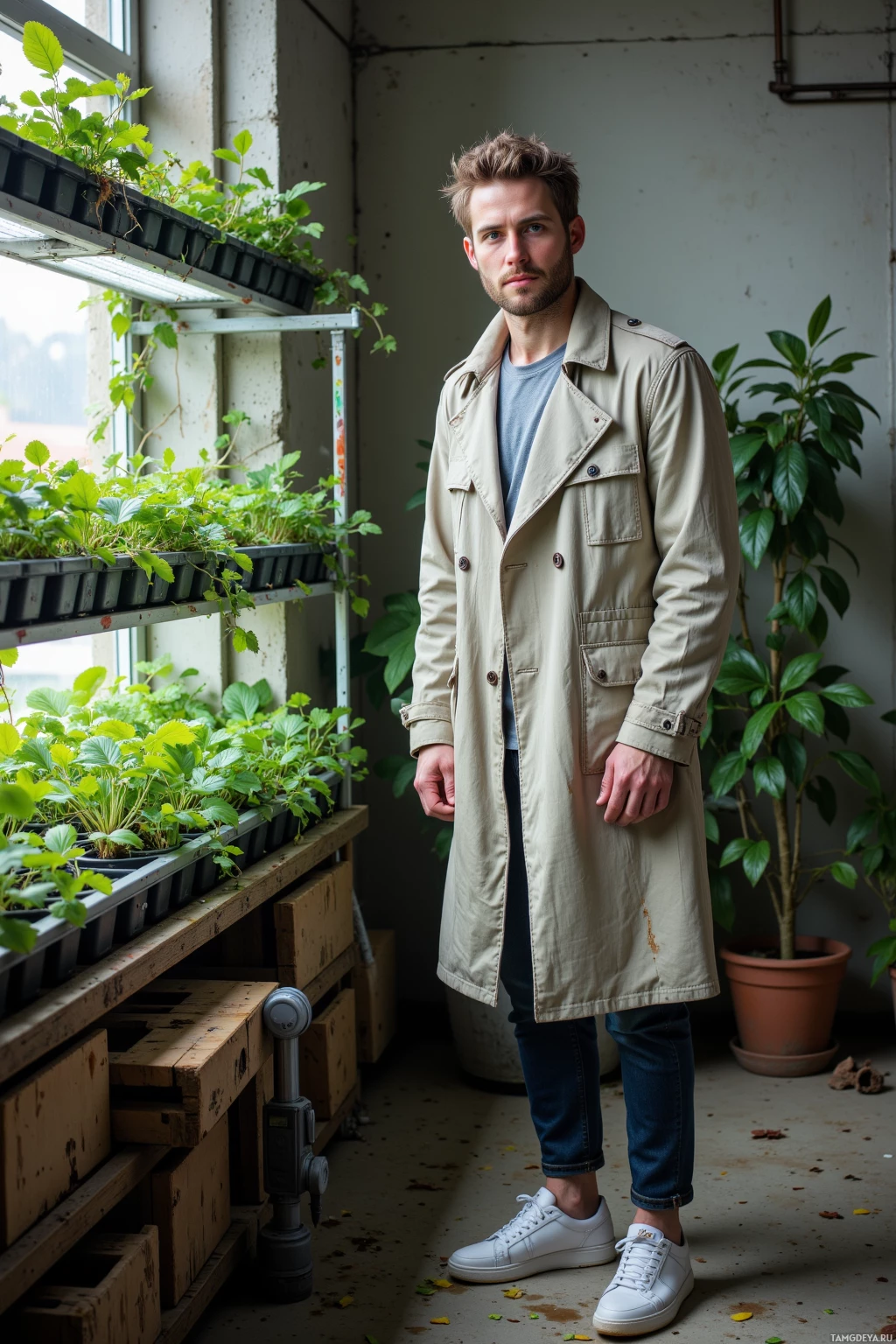 A man stands in a room with plants, wearing a trench coat and jeans.