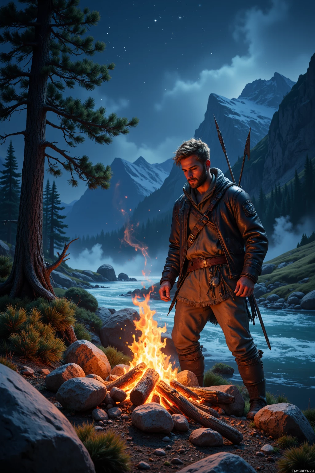 Realistic high quality photo. Male, 35, short light brown hair, sharp green eyes, wearing rugged leather jacket and earth‑toned layered clothing, stands on a ridge riverbank at night under a starry sky, building a bark fire with dancing flames, spears beside him, wind whipping pine needles, distant wolf howls echoing, resolute posture in wilderness.