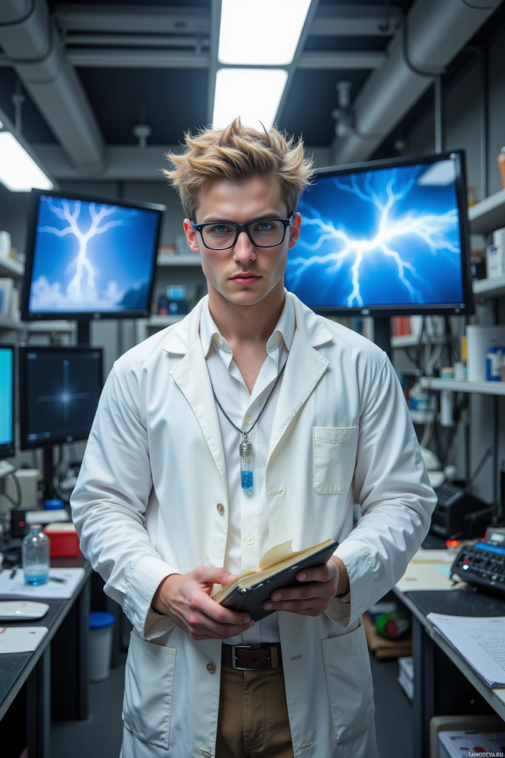 A person in a lab coat stands in a laboratory setting holding an open book and wearing glasses.