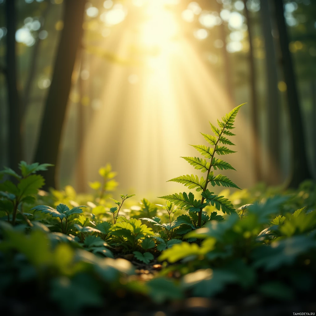 Sunlight filters through a forest, illuminating green foliage.