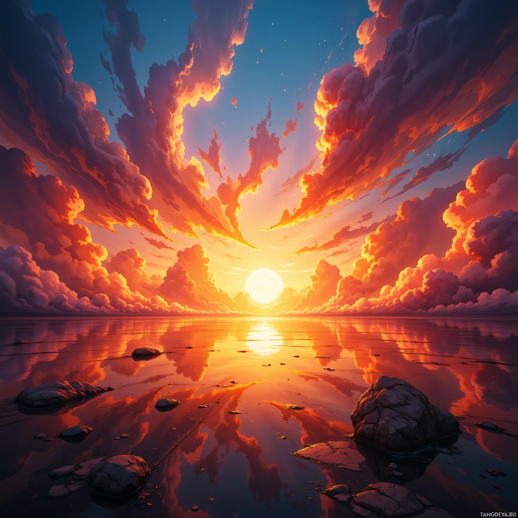 A vibrant sunset reflects off a calm body of water with scattered rocks.