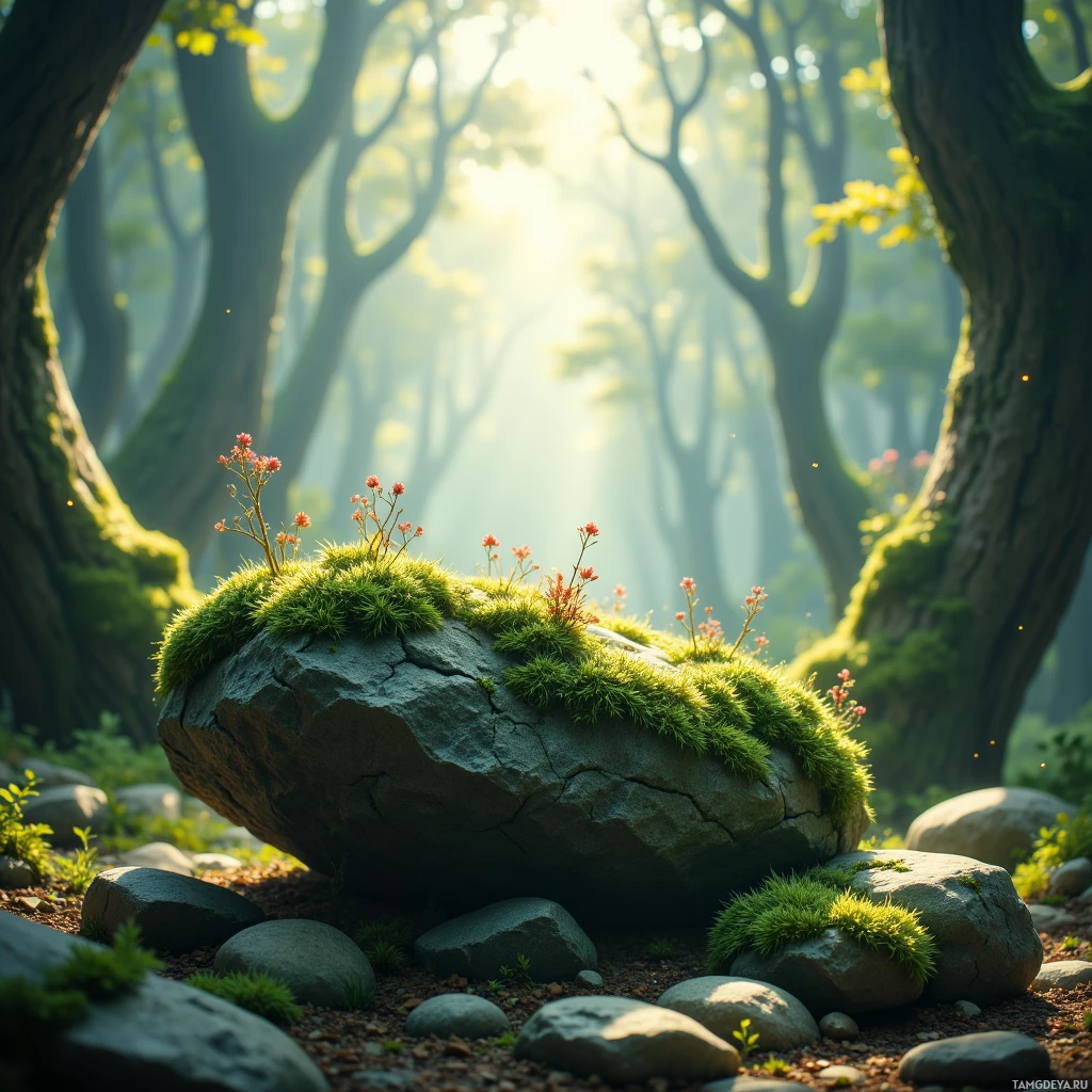 A serene forest scene with sunlight filtering through trees, a moss-covered rock in the foreground, and small flowers blooming.