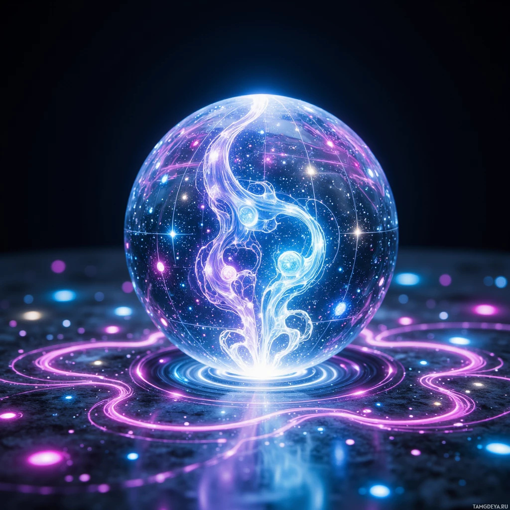 A glowing, cosmic sphere with swirling patterns and star-like points.