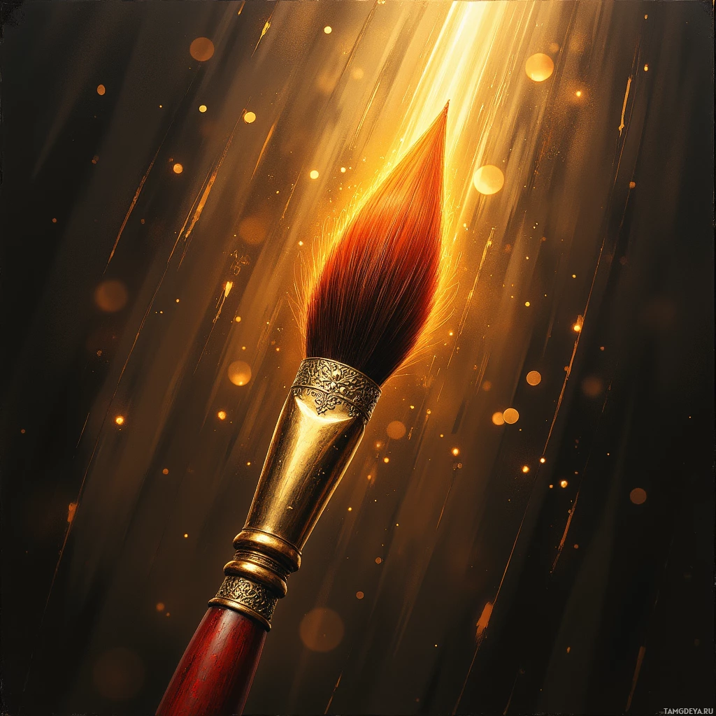 A golden paintbrush with red bristles is illuminated by radiant light beams against a dark background.