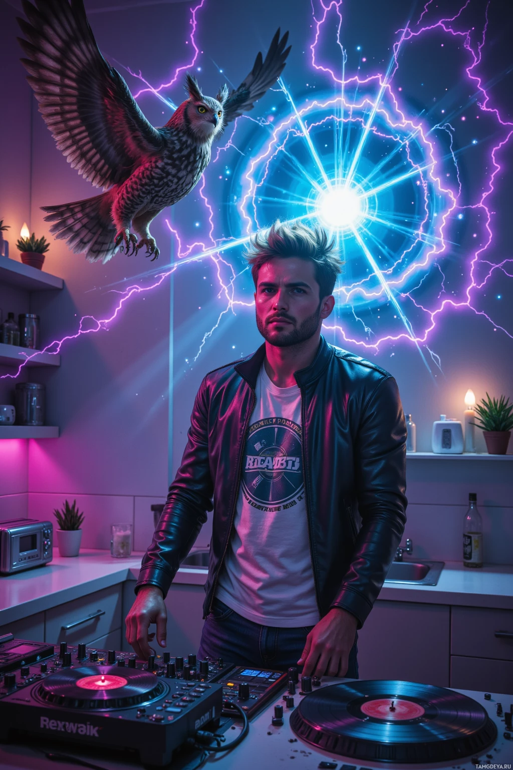 Realistic high quality photo. A 32‑year‑old male DJ with short spiky light brown hair, bright blue eyes and olive skin, wearing a black leather jacket over a white graphic t‑shirt and jeans, dancing in a modern kitchen at night under strobe lights flickering like vinyl records while a toaster on the counter sparks electric bursts of sound, an owl perched above watching as a glowing portal opens with pulsating neon‑like heartbeats.