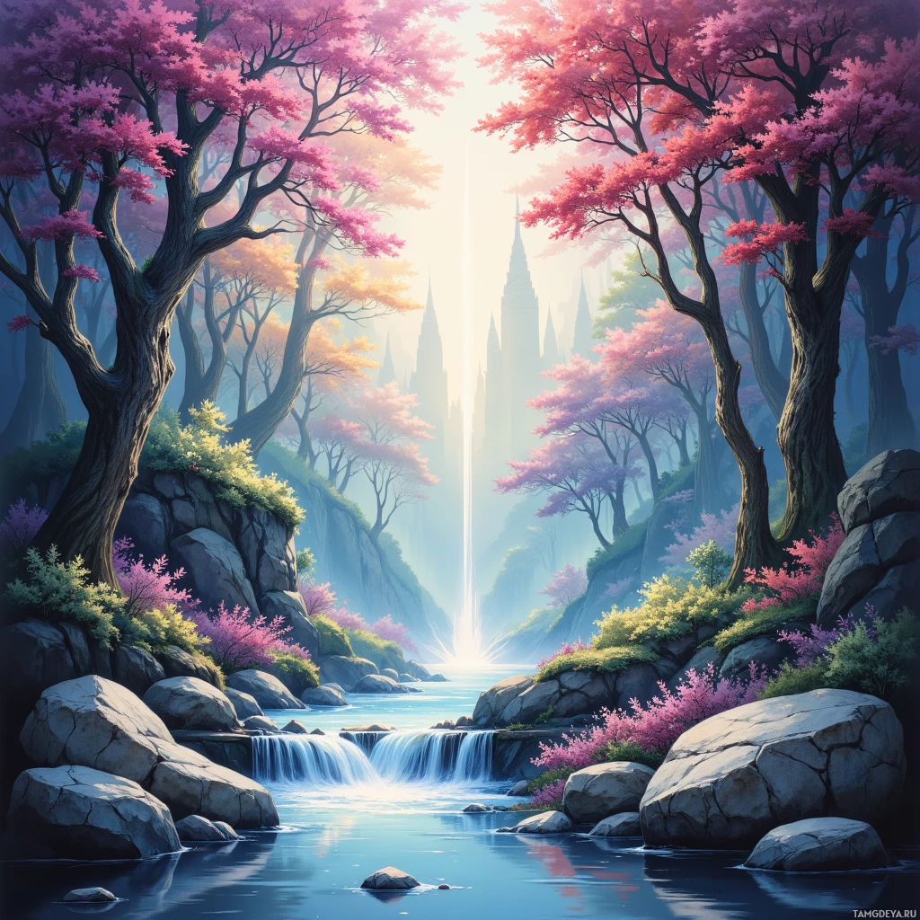 A serene landscape features pink blossoming trees and a flowing river with cascading waterfalls under a bright sky.