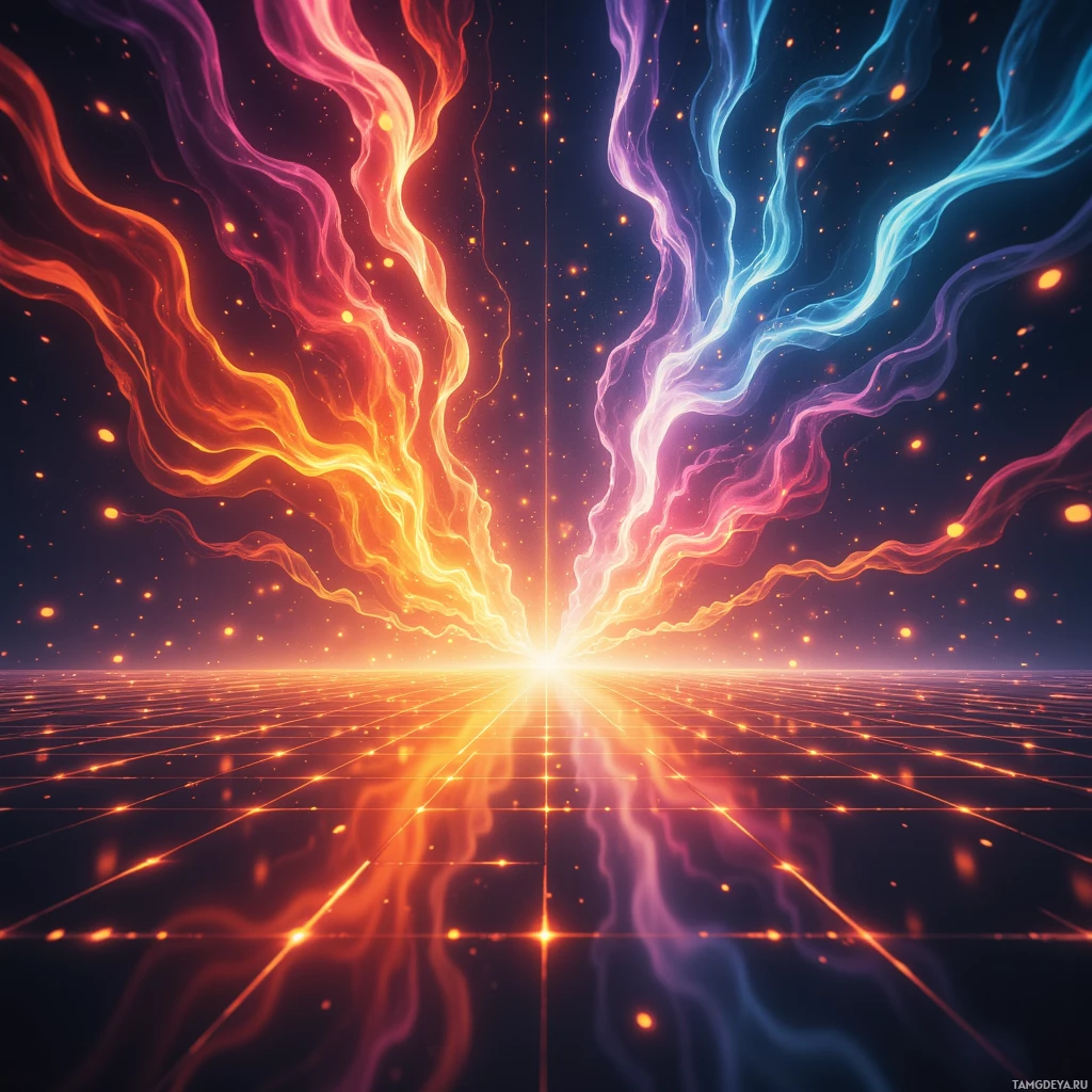 A vibrant, abstract image featuring swirling orange and blue energy streams converging at a bright center against a dark background.