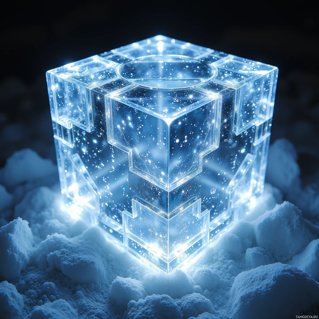 A glowing, transparent cube sits atop a bed of snow, emitting a soft blue light.