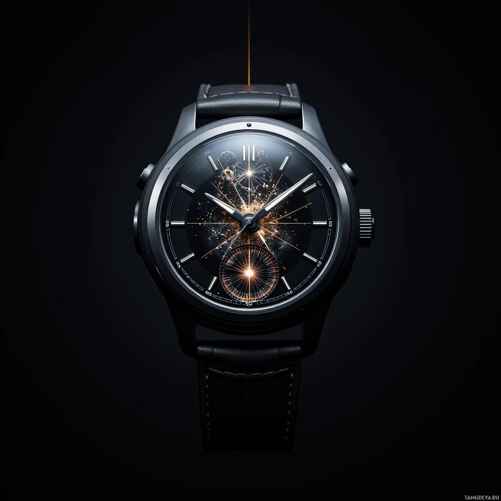 A sleek black wristwatch with a glowing, intricate design on the face.