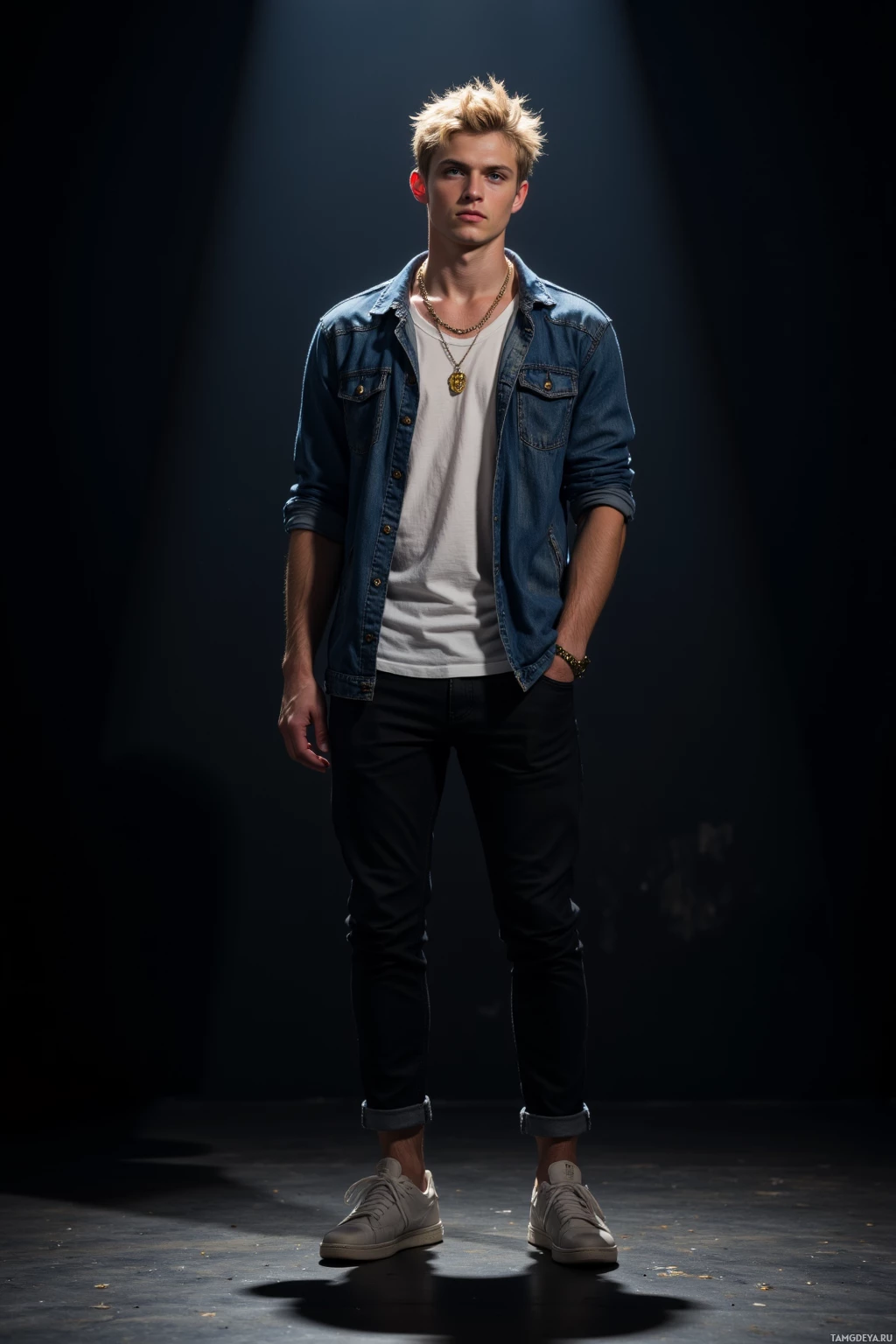 A young man stands confidently in a dark setting, wearing a denim jacket, white t-shirt, black jeans, and sneakers.