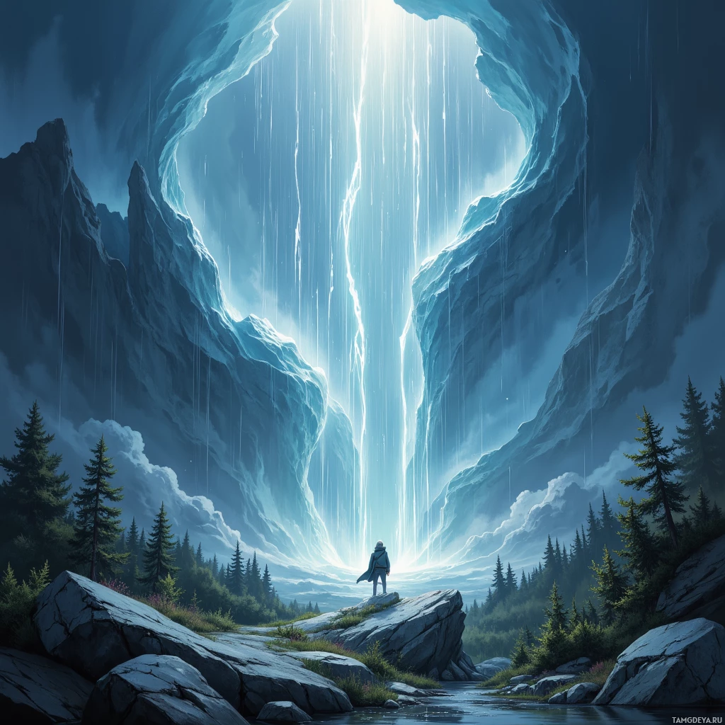 A lone figure stands at the entrance of a majestic cave, surrounded by towering cliffs and a serene forest.