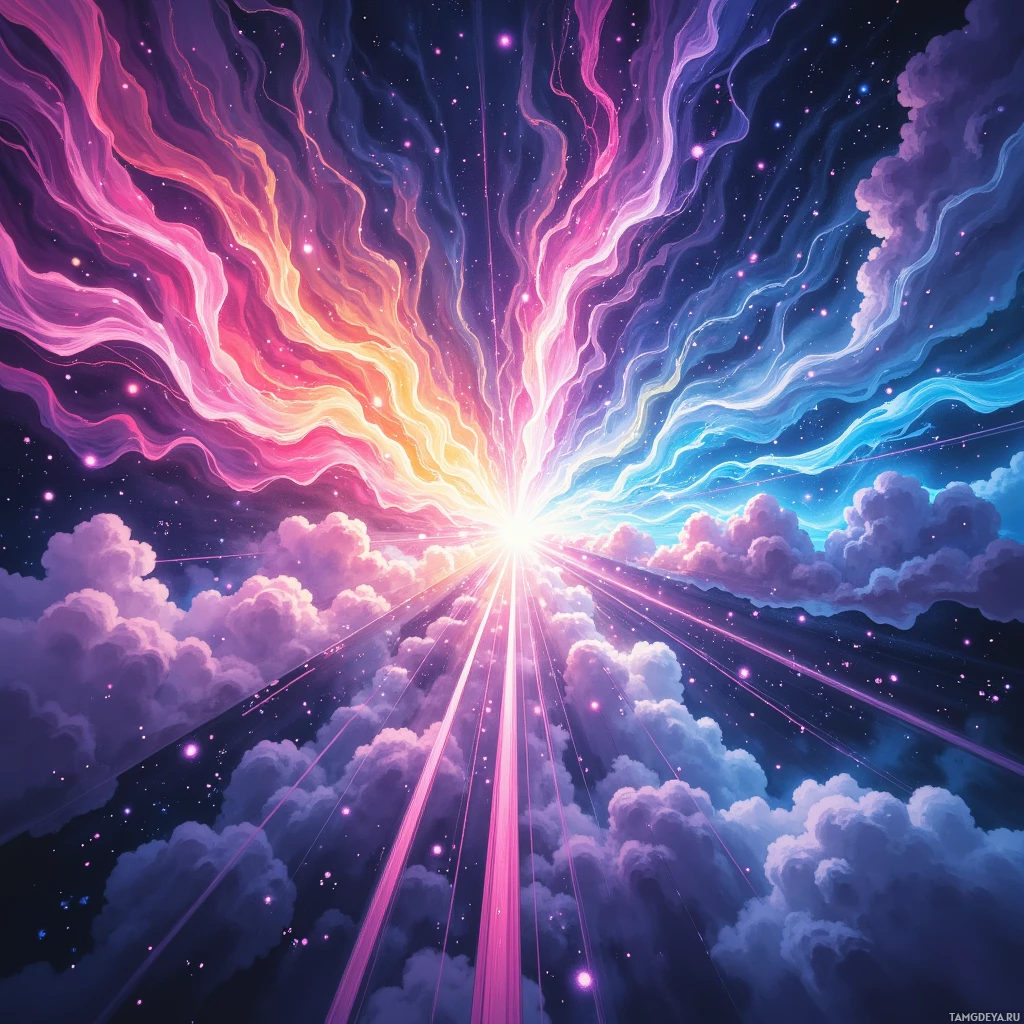 A vibrant cosmic scene with swirling clouds, radiant light beams, and a starry night sky.